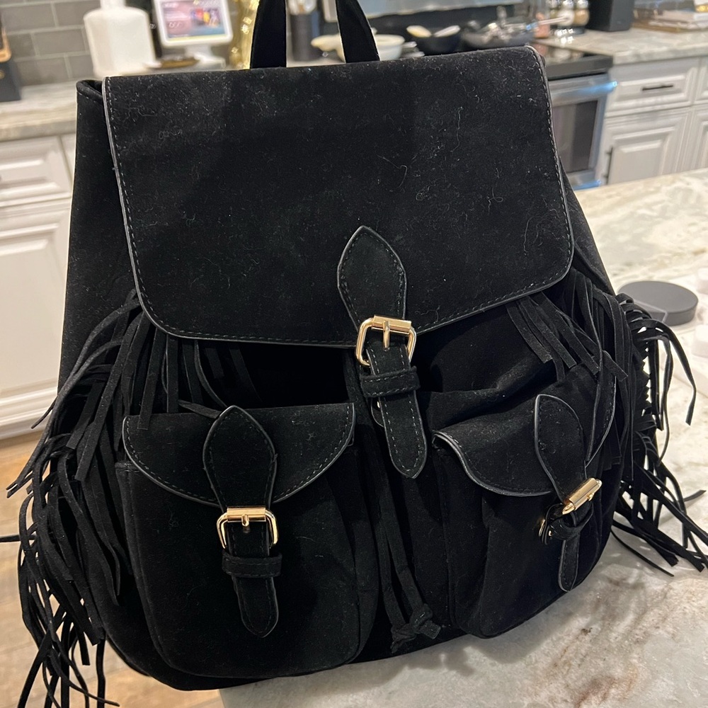 Nasty Gal Black Gold Faux Fringe Suede Backpack